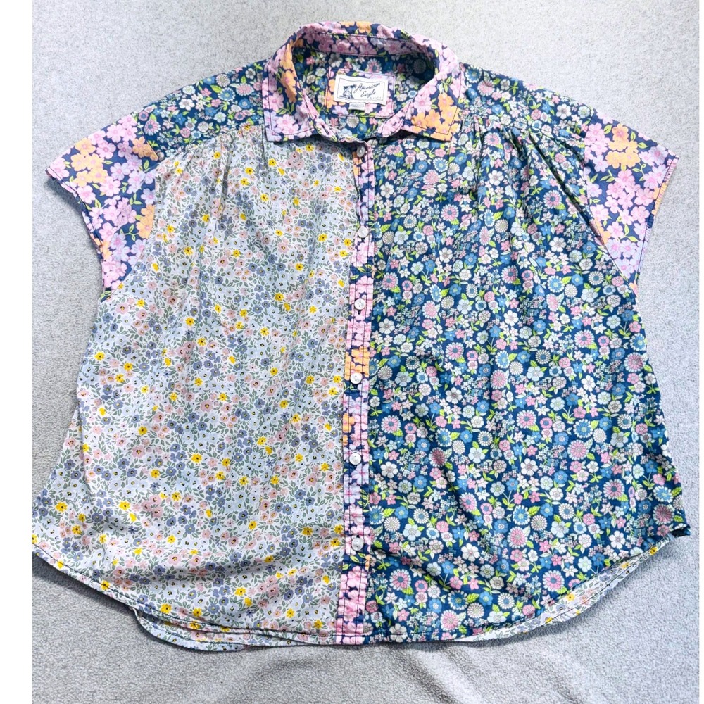 American Eagle Floral Patchwork Button Front Blouse Women XS Cottagecore Prairie
